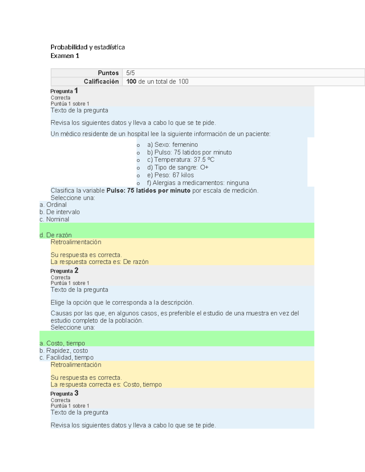 Probabilidad Y Estadística - Probabilidad Y Estadística Examen 1 Puntos ...