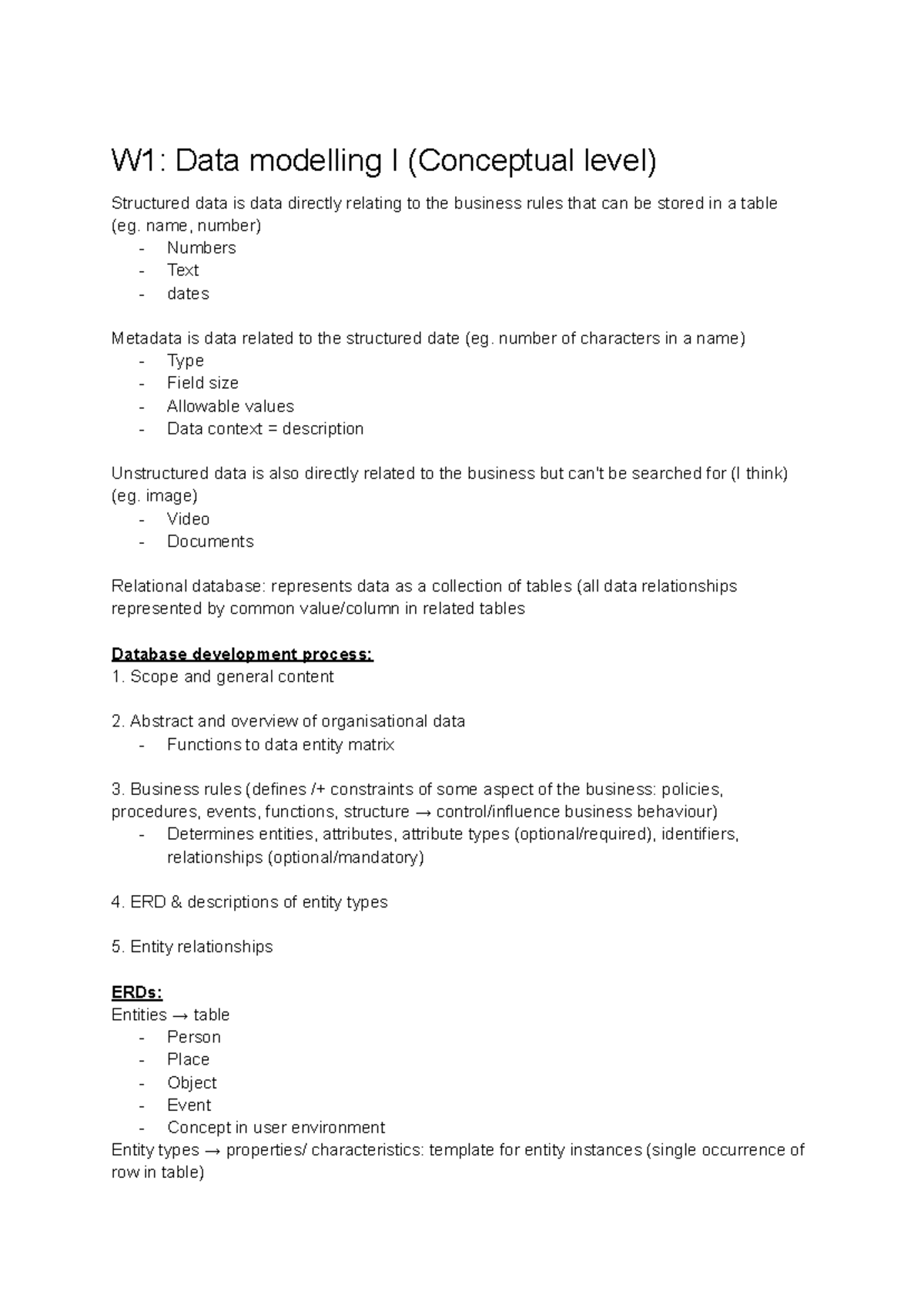 Notes 31271 DF Weeks 1-5 - W1: Data modelling I (Conceptual level ...