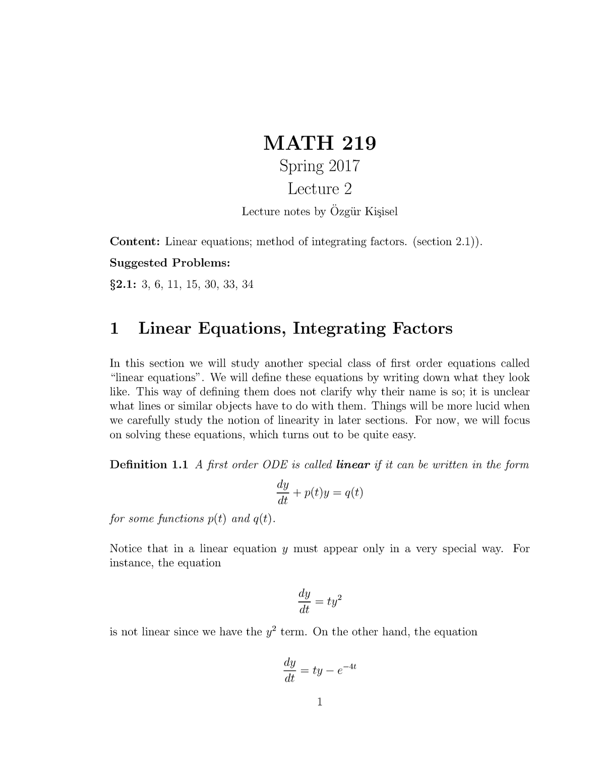 MATH219 Lecture 2 - MATH 219 Spring 2017 Lecture 2 Lecture Notes ByOzg ...