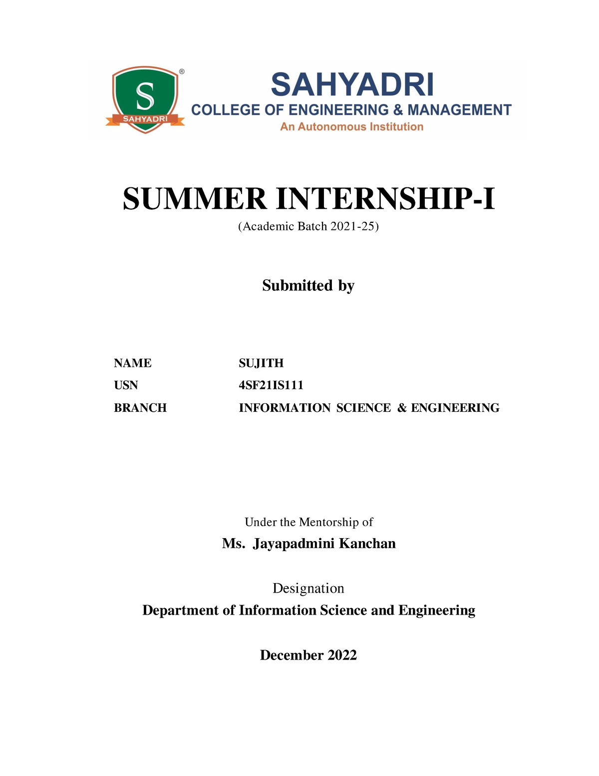 Intern Report 2 - Dsff - SUMMER INTERNSHIP-I (Academic Batch 2021-25 ...