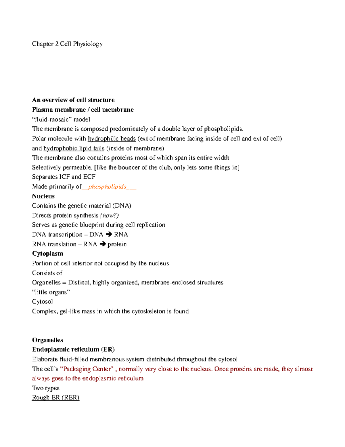 Ch. 2 Cell Physiology - Lecture notes chapter 2 - Chapter 2 Cell ...