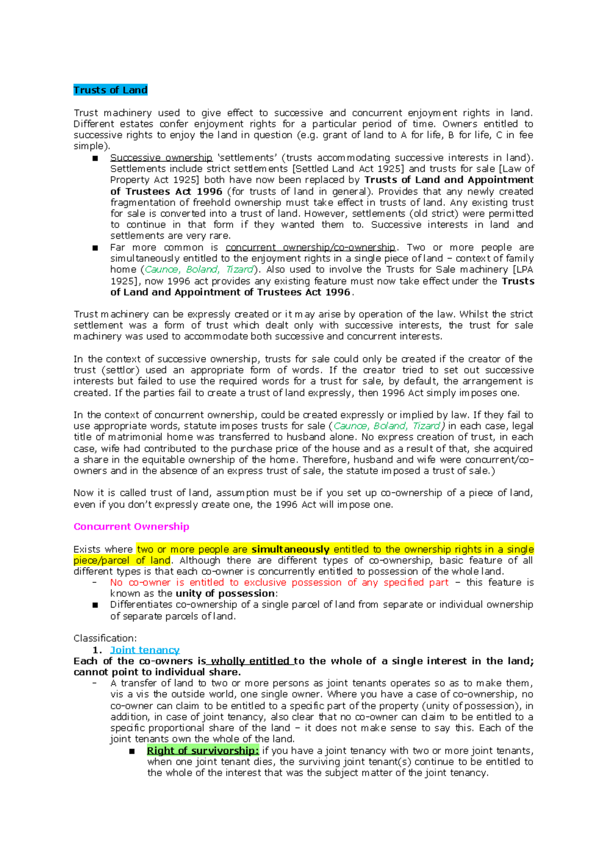 Co-ownership Lecture Notes - Trusts of Land Trust machinery used to ...