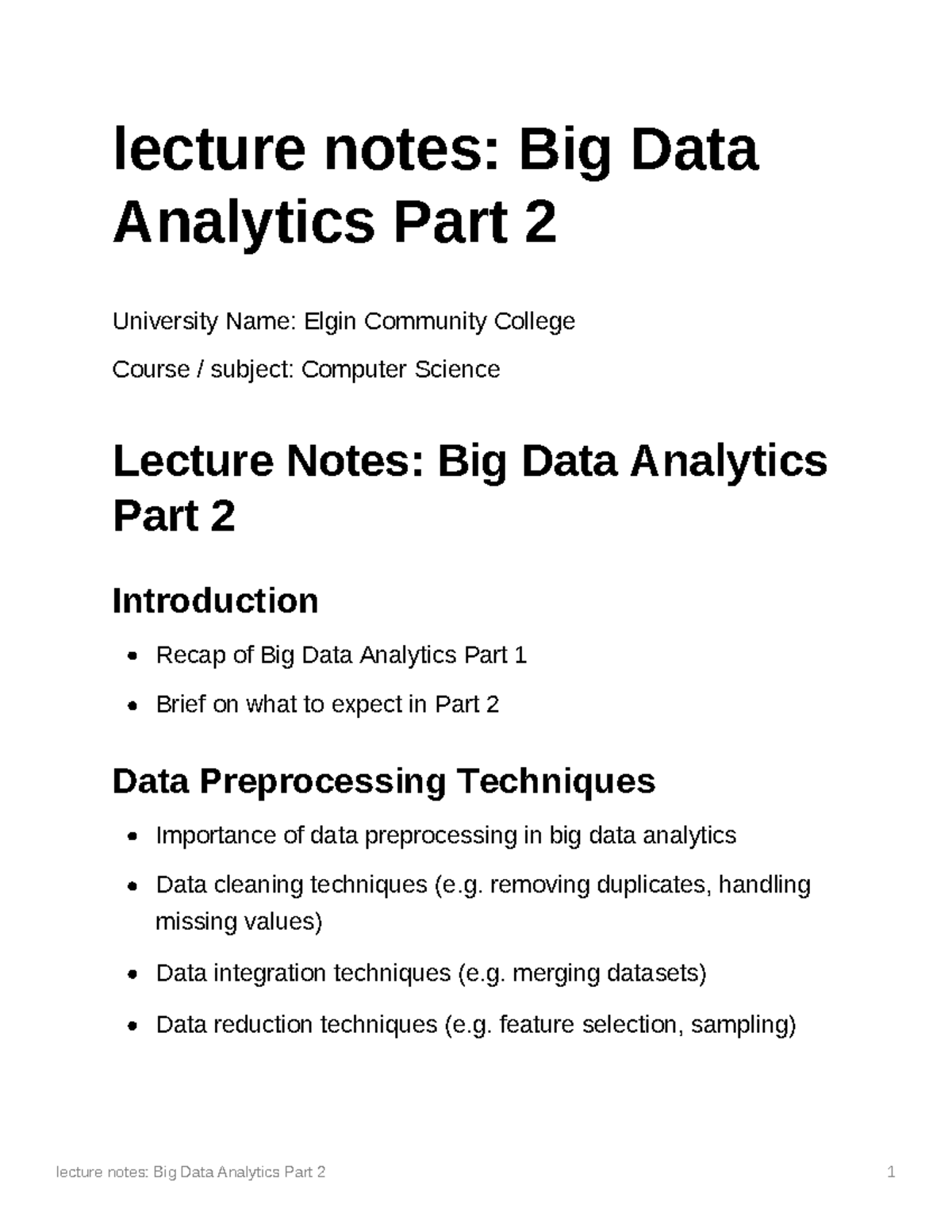 Lecture Notes Big Data Analytics Part 2 - Lecture Notes: Big Data ...