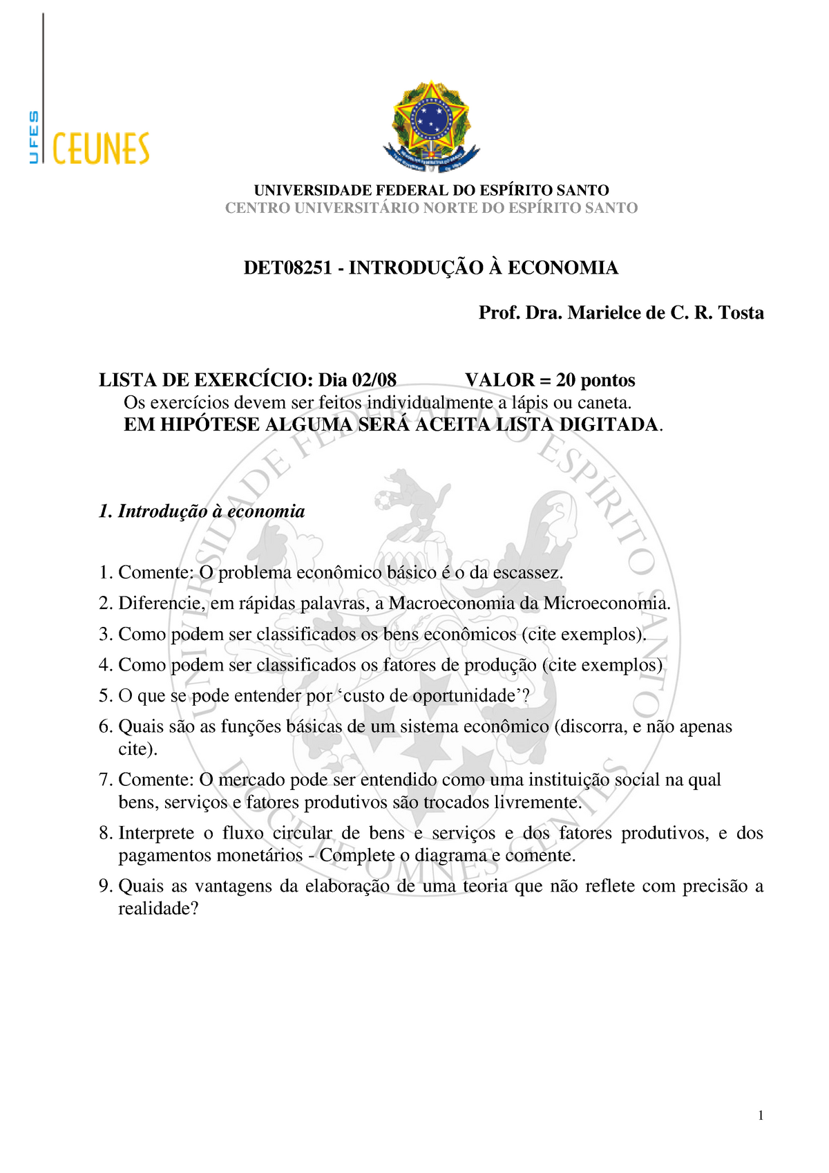 Lista De Exerc Cio 2013 01 - UNIVERSIDADE FEDERAL DO ESPÍRITO SANTO ...