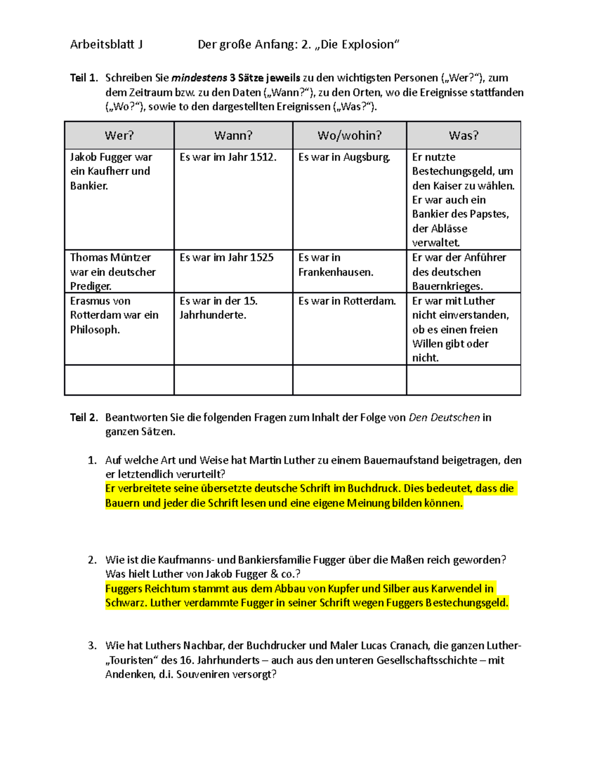 Arbeitsblatt J - Question And Answer For Worksheet - Teil 1. Schreiben ...