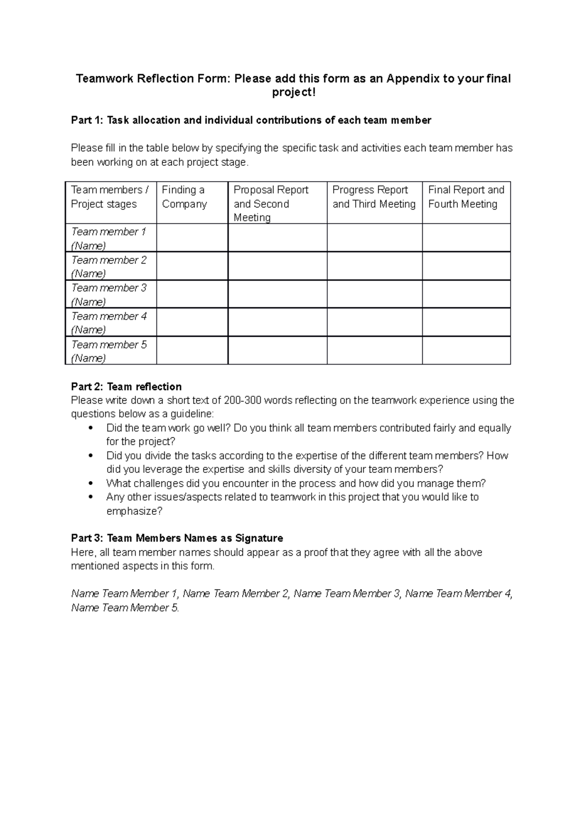 Teamwork Reflection Form - Team members / Project stages Finding a ...