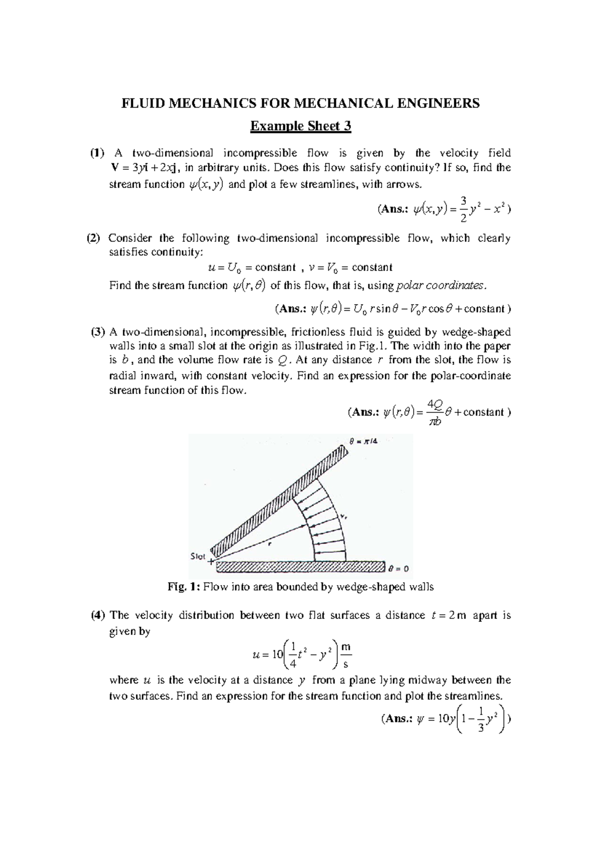 Fluid Mechanics Questions sheet 3 FLUID MECHANICS FOR MECHANICAL