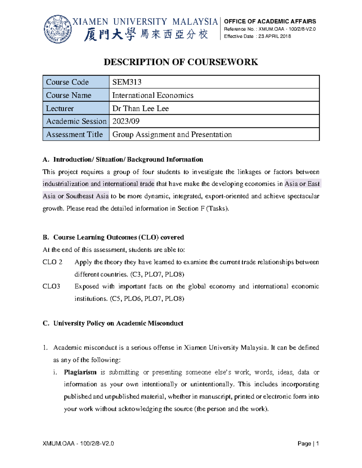 5.1 Description of Coursework v2.0 SEM313 Assignment Question 202309 ...