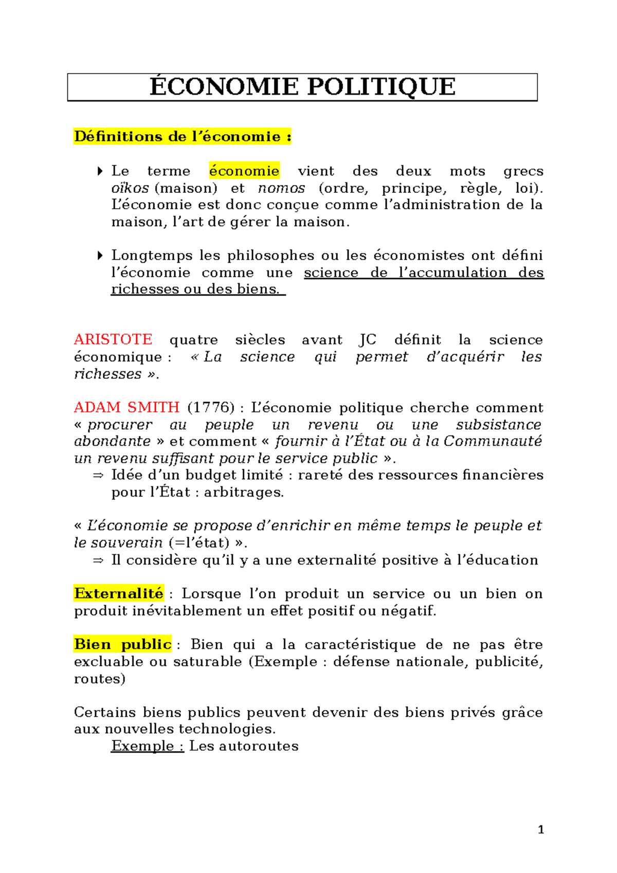 Economie Politique Notes de cours entier ÉCONOMIE POLITIQUE