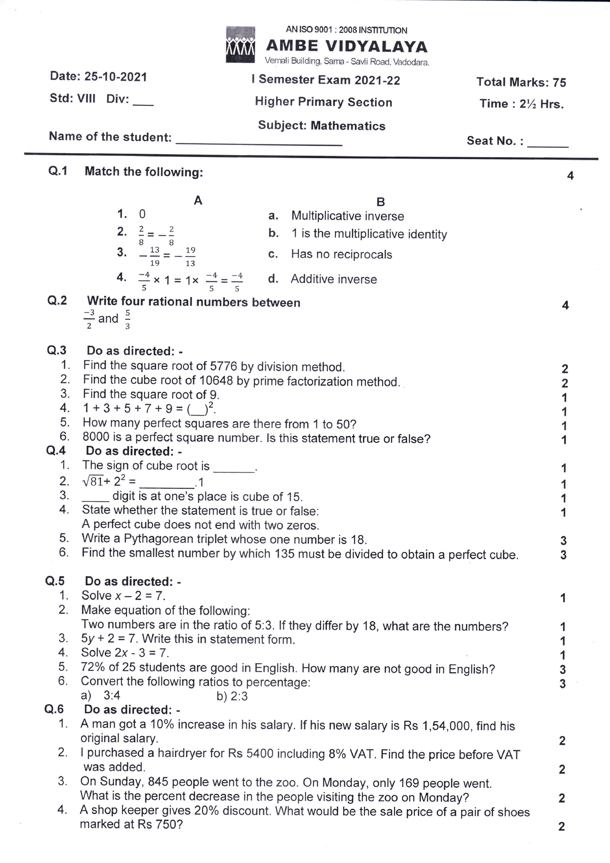 Maths assignments - Date: 25-10- Std: Vlll Div: _ Name of the student ...