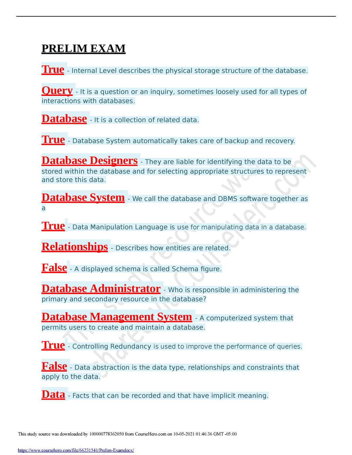 Fundamentals OF Database System Prelim EXAM - This Study Source Was ...