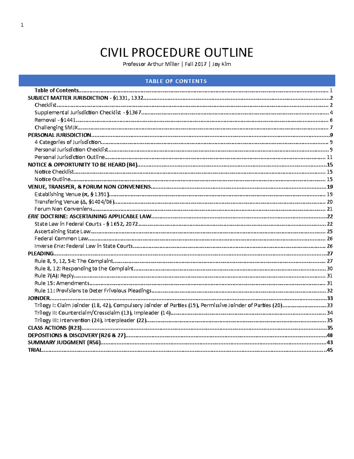 ARM Civ Pro Outline (F17) - CIVIL PROCEDURE OUTLINE Professor Arthur ...