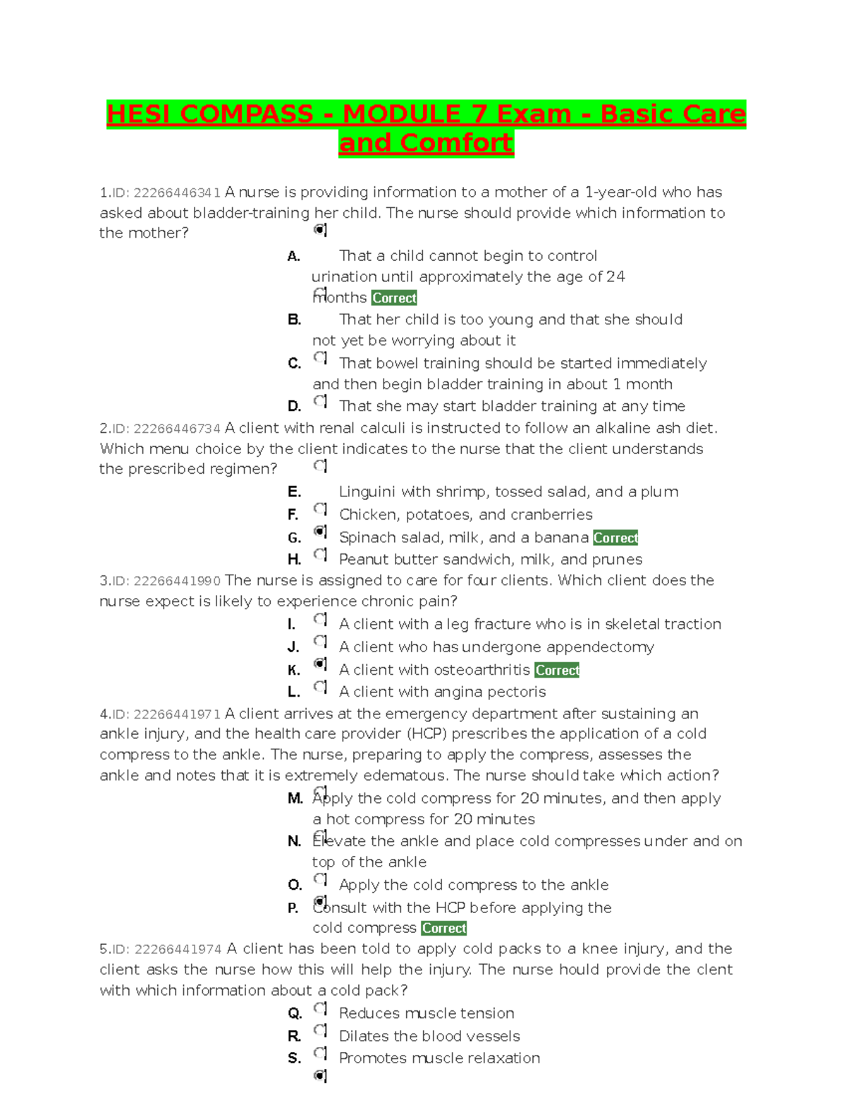 HESI Compass Module 7 Exam Basic Care And Comfort Without Rationale ...