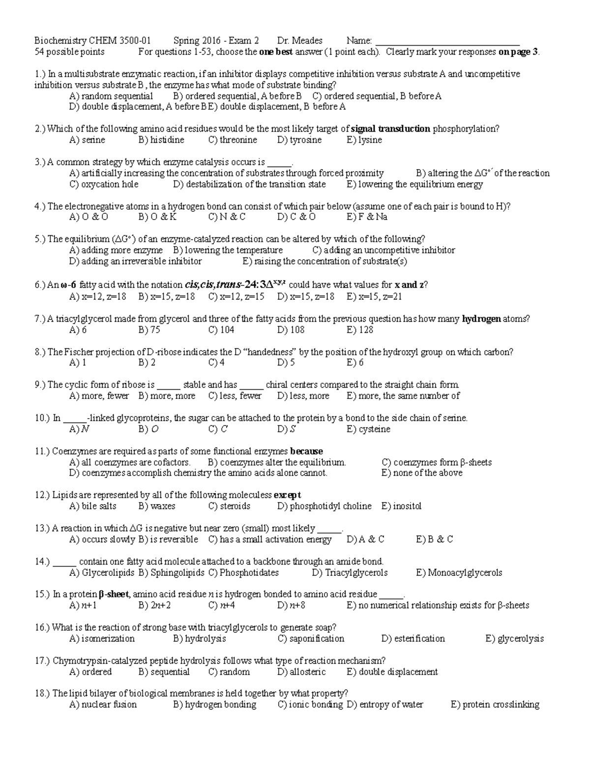 Exam 2 Spring 2016 - Practice Exams And Homework - Biochemistry CHEM ...