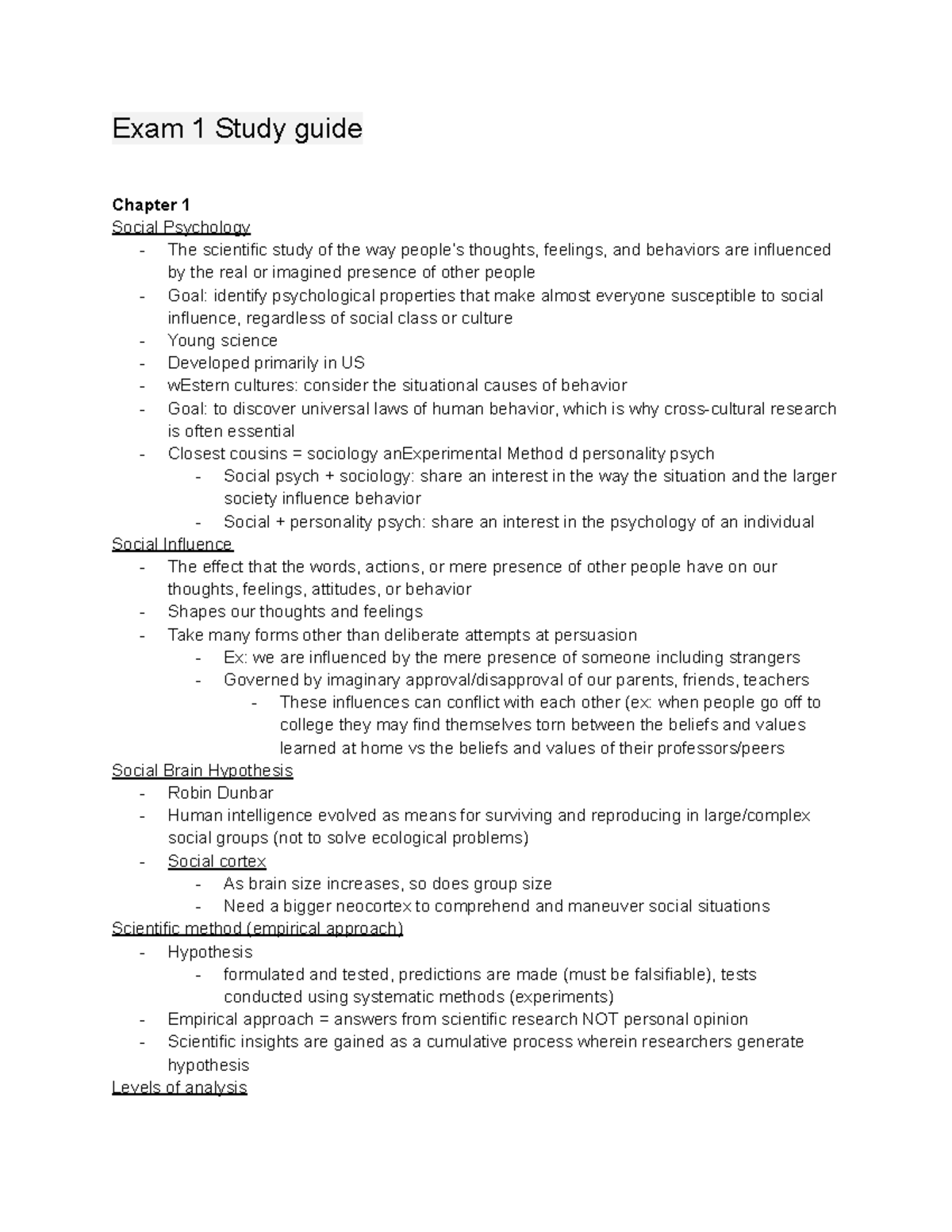 Psych 221 - Exam 1 Study Guide 2 - Exam 1 Study Guide Chapter 1 Social ...