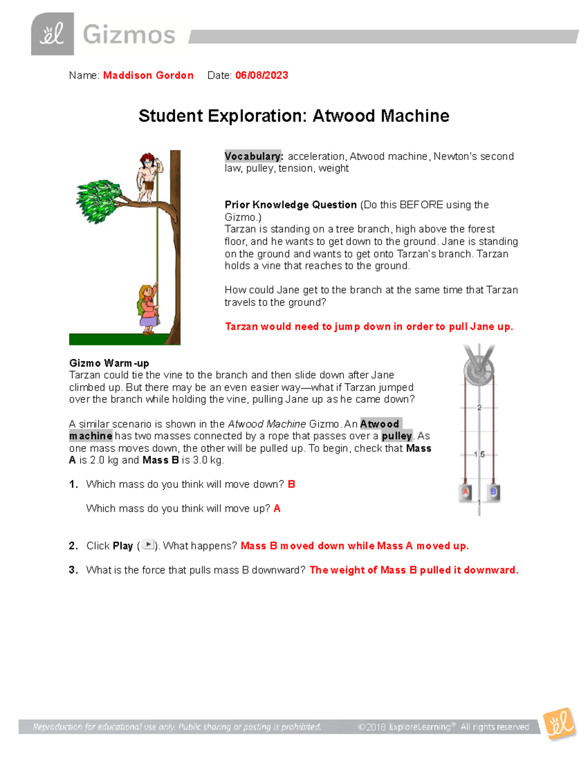 Atwood Machine SE - Online Physics Labwork - Name: Maddison Gordon Date ...