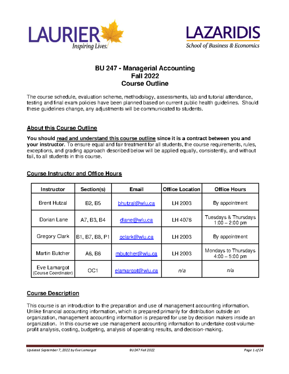 Bu247 Course Outline Fall 2022 20220907 Bu 247 Managerial Accounting Fall 2022 Course 8290