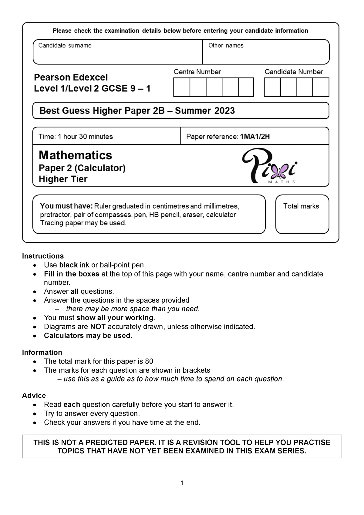 Pixi Maths Best Guess Paper 2b Higher 2023 - Instructions • Use Black ...