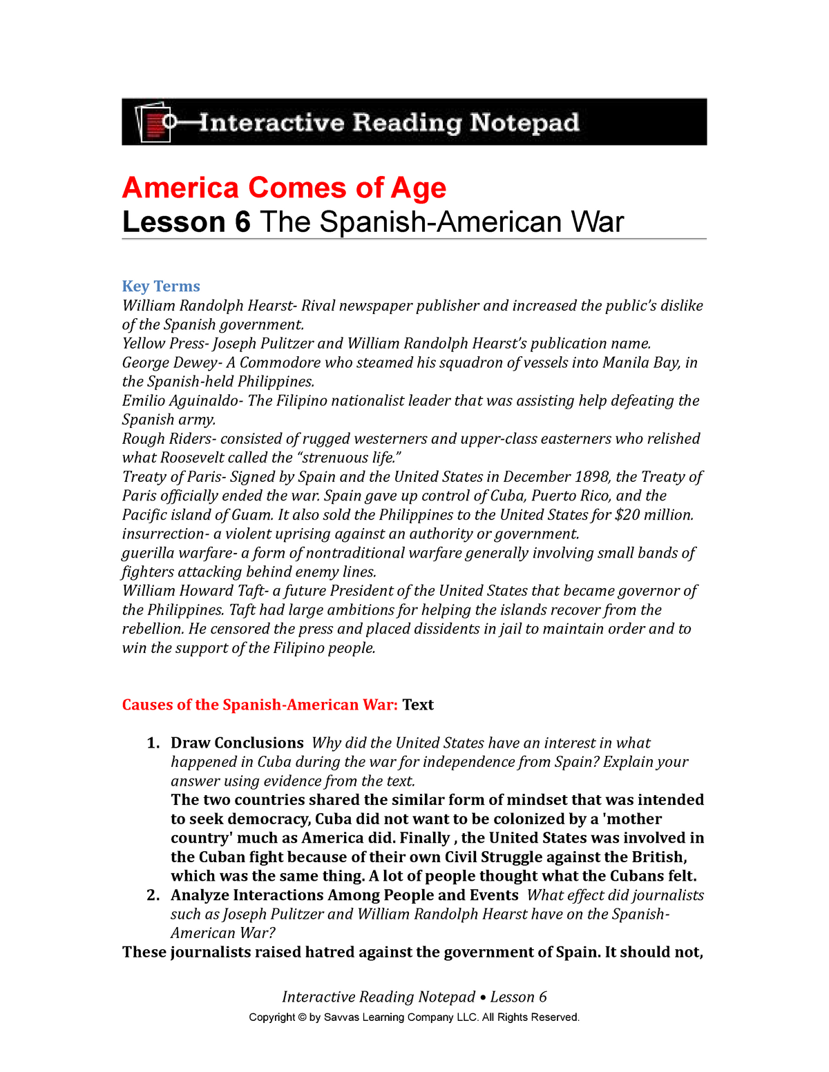 Spanish american war 22 - America Comes of Age Lesson 22 The Intended For Spanish American War Worksheet