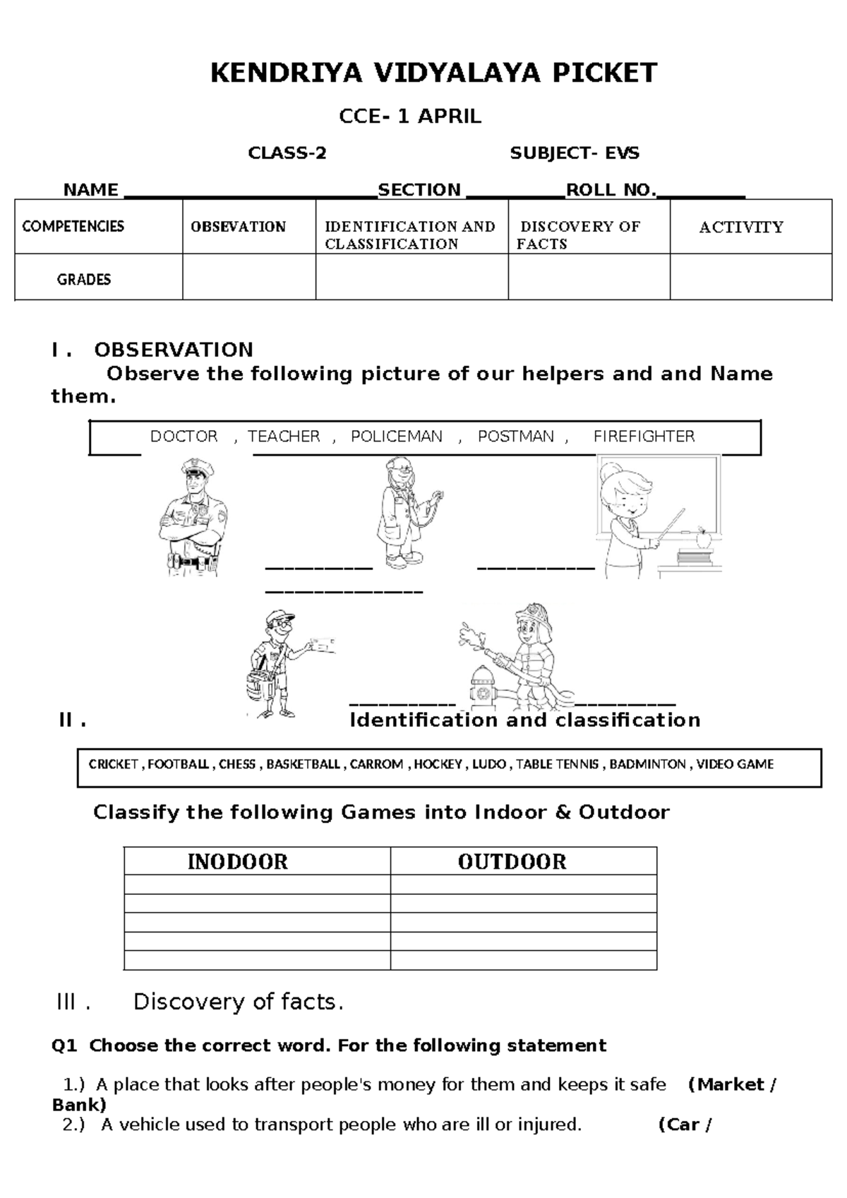 Kvs evs paper - KENDRIYA VIDYALAYA PICKET CCE- 1 APRIL CLASS-2 SUBJECT ...