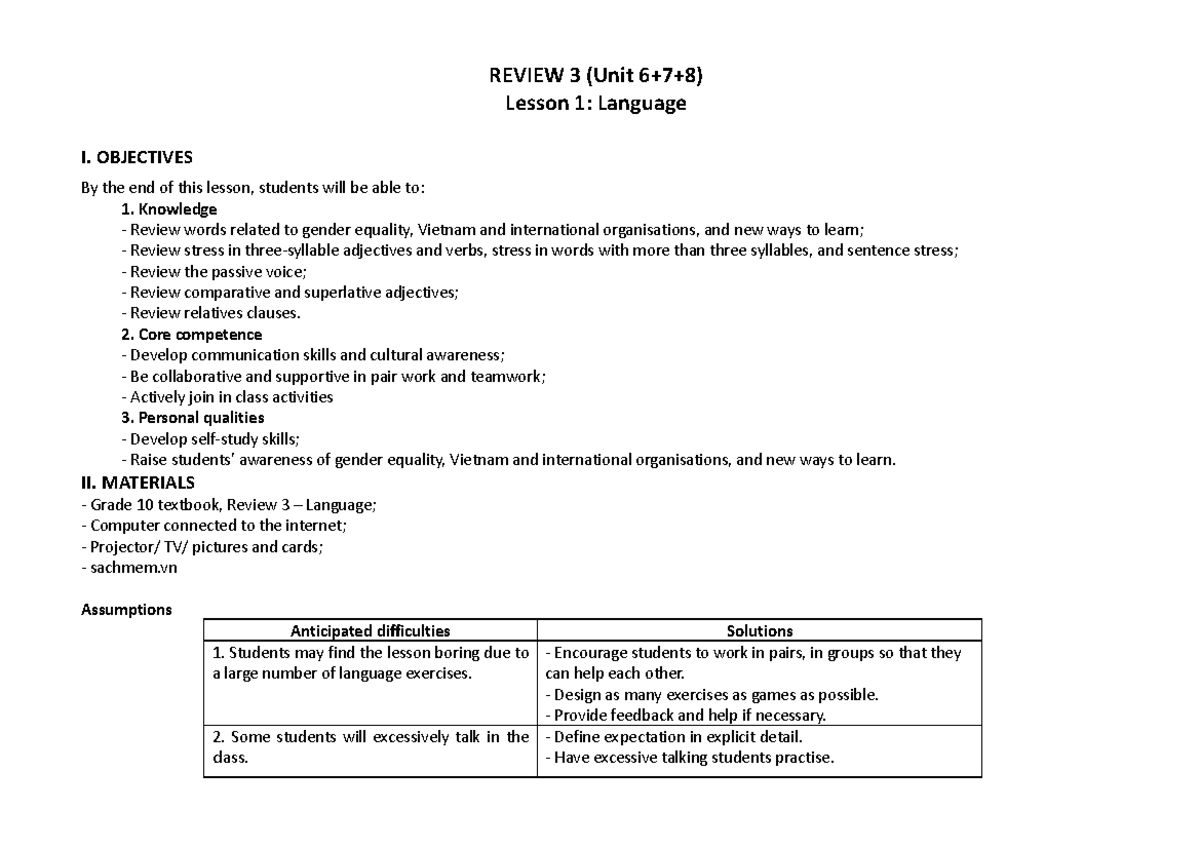 TA10Review 3 useful for all REVIEW 3 (Unit 6+7+8) Lesson 1