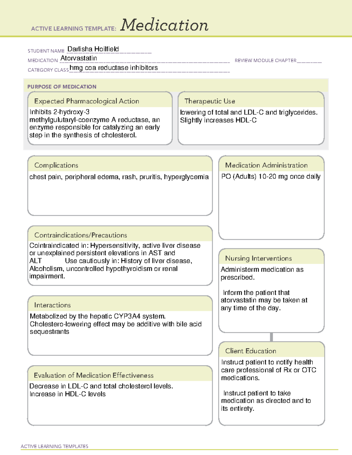 Atorvastatin Med Sheet - ACTIVE LEARNING TEMPLATES Medication STUDENT ...