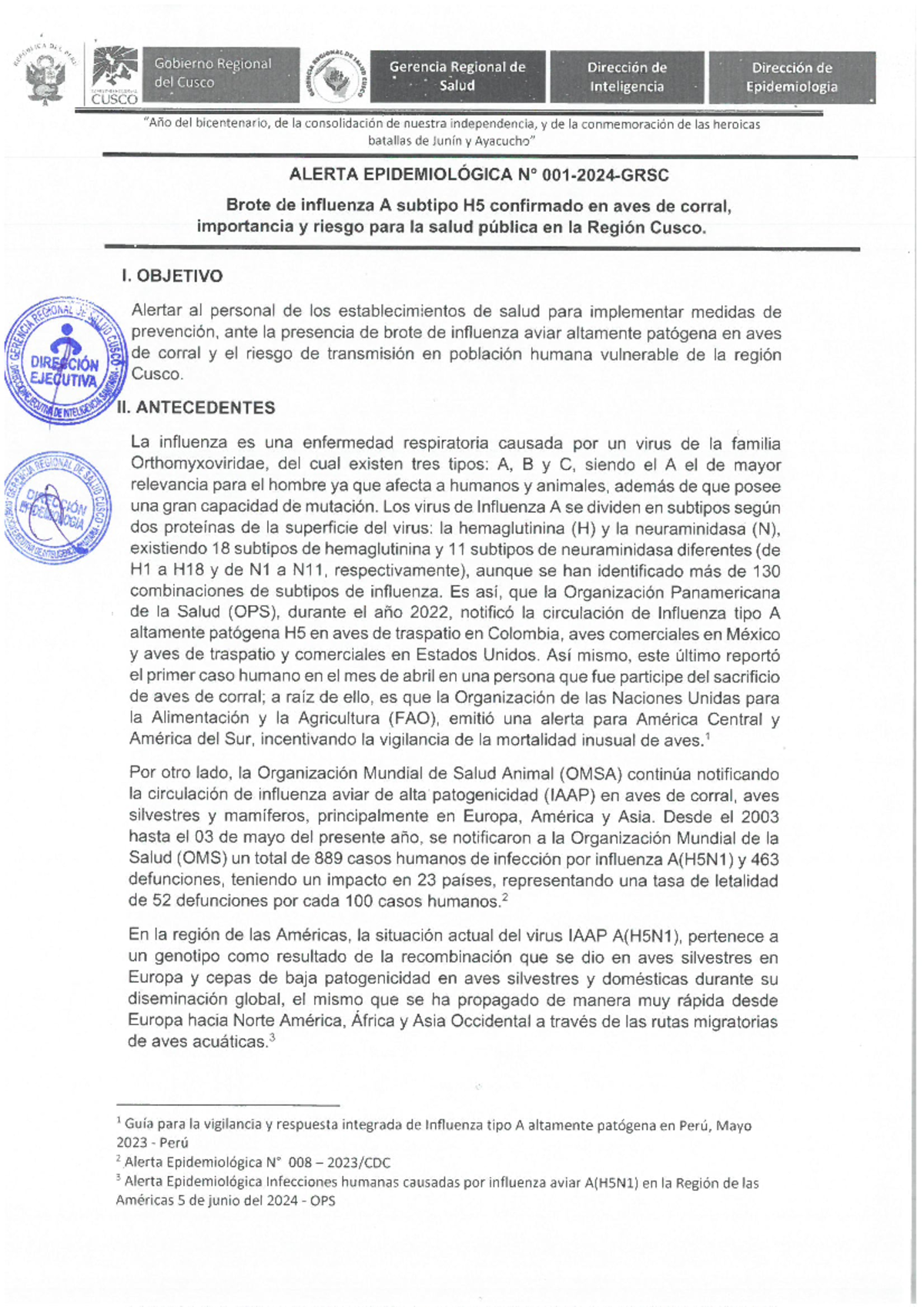 Alerta Epidemiológica N° 001-2024-GRSC Brote Influenza AH5 confirmado ...