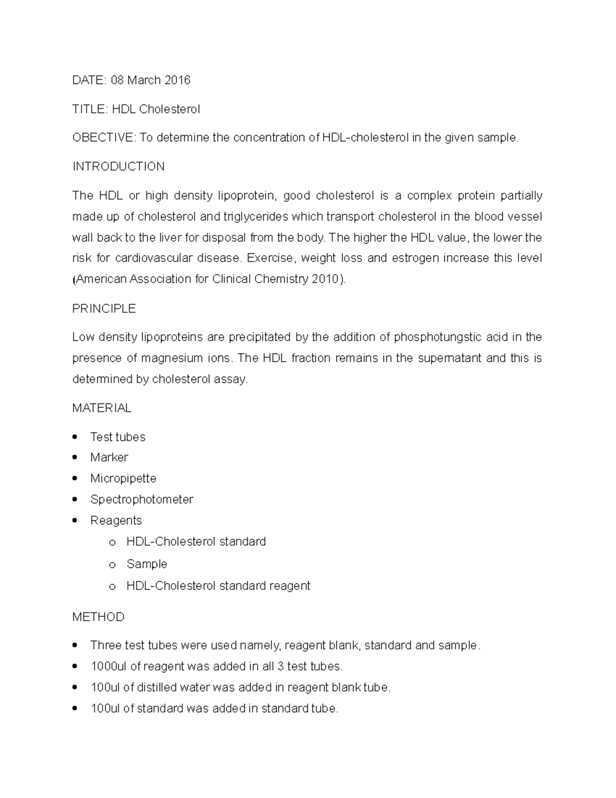 Practical 4 - TITLE: HDL Cholesterol OBECTIVE: To determine the ...