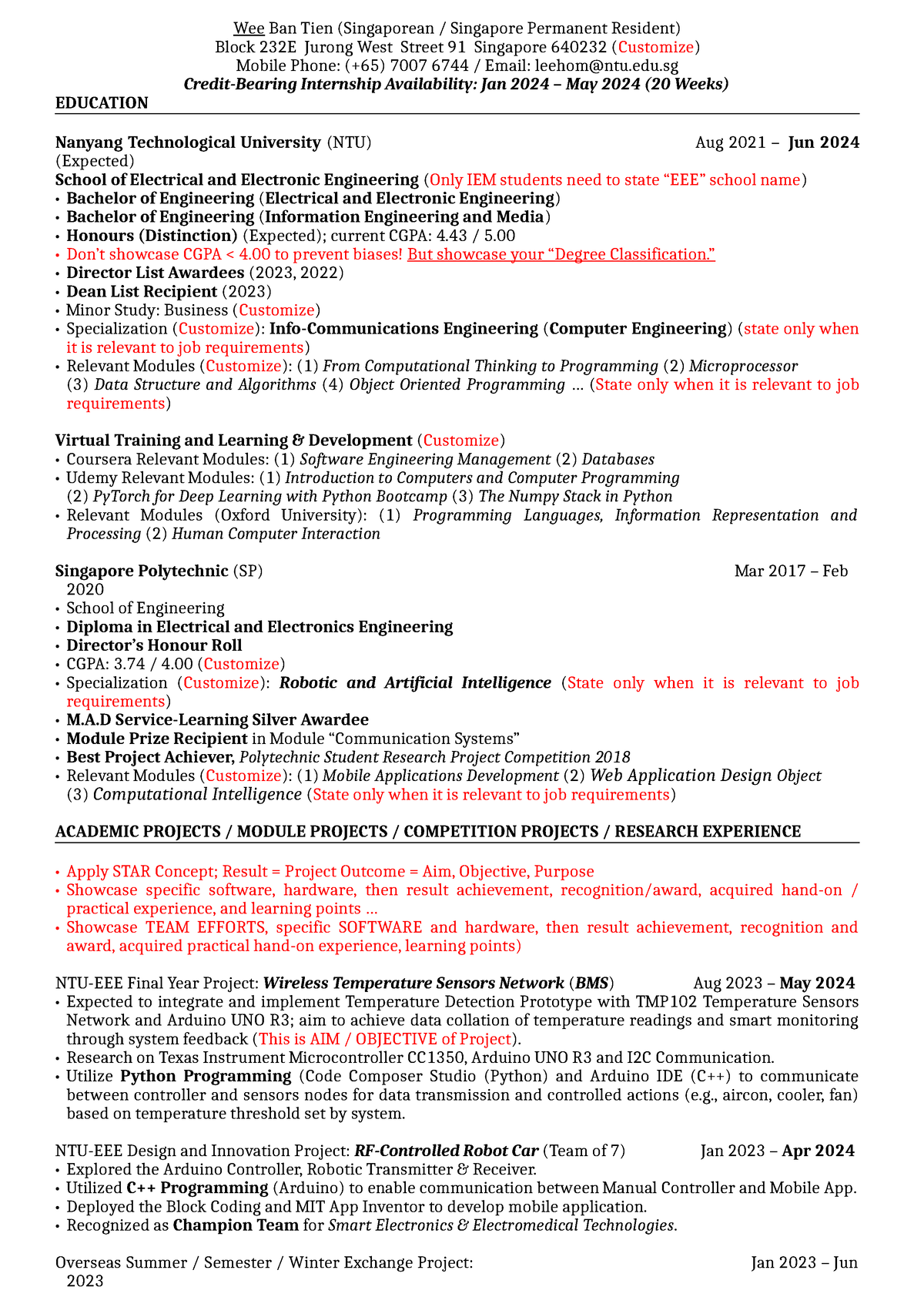 Student Resume Format Template Wee Ban Tien (Singaporean / Singapore