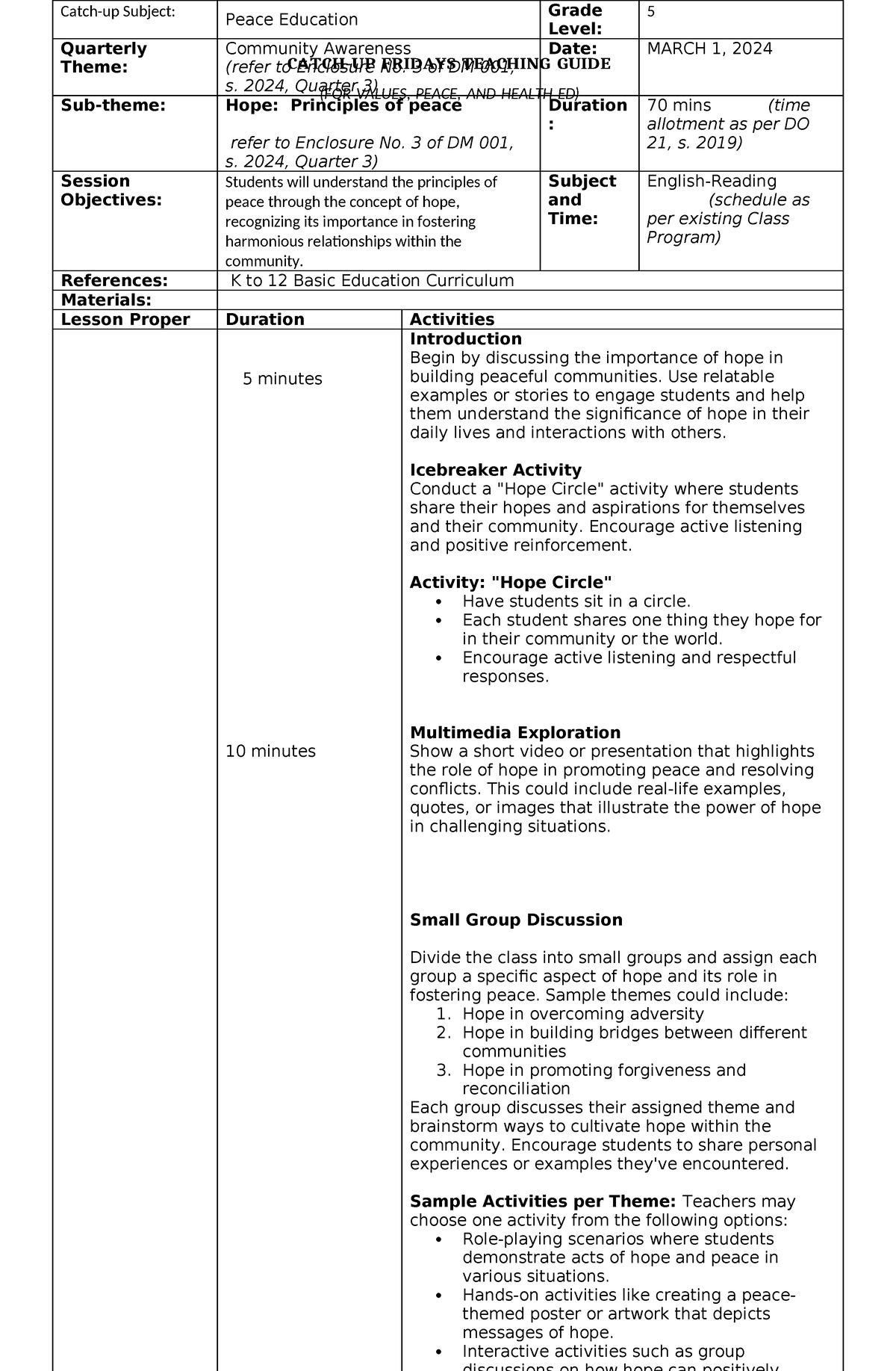 Grade 5-peace and val ed catch-up plan - March 1 - CATCH-UP FRIDAYS ...