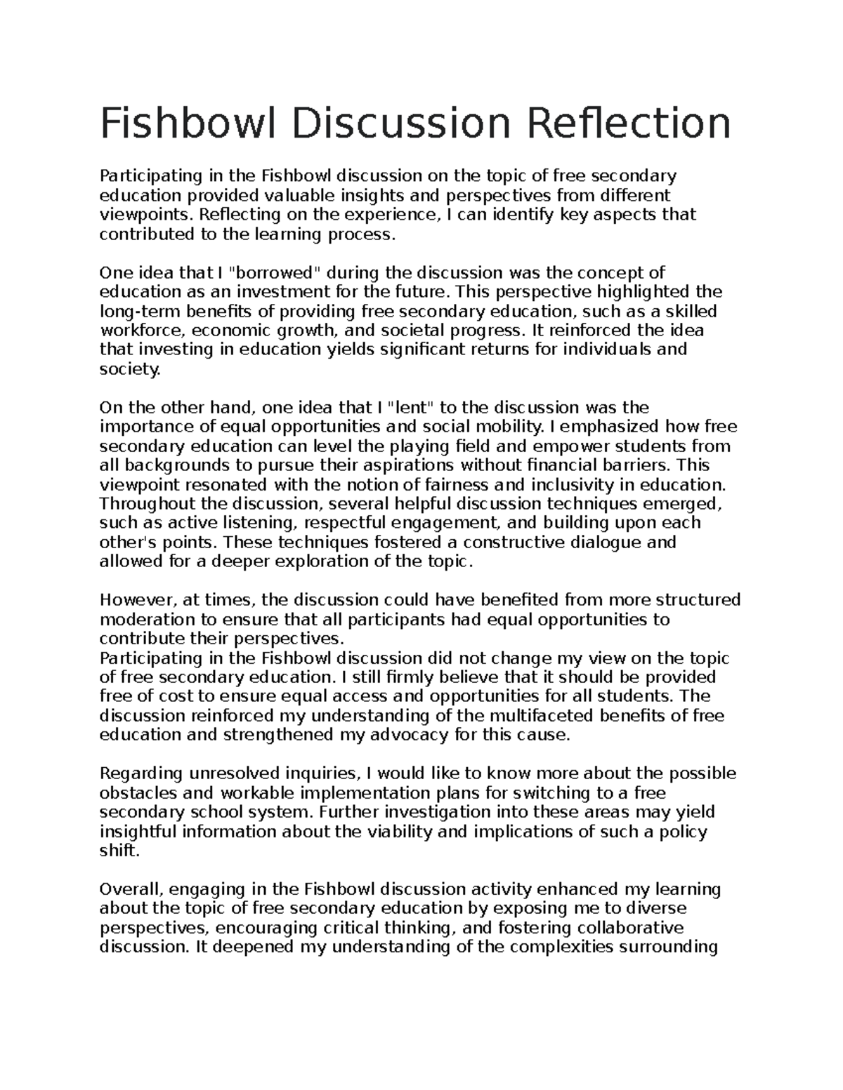 Fishbowl Discussion Reflection - Fishbowl Discussion Reflection ...