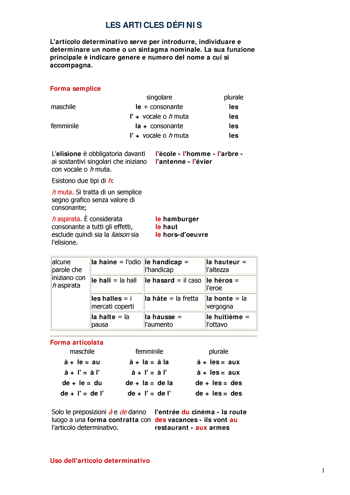 Corso di grammatica Francese - LES ARTI CLES DÉFI NI S L'articolo  determinat ivo serve per - Studocu