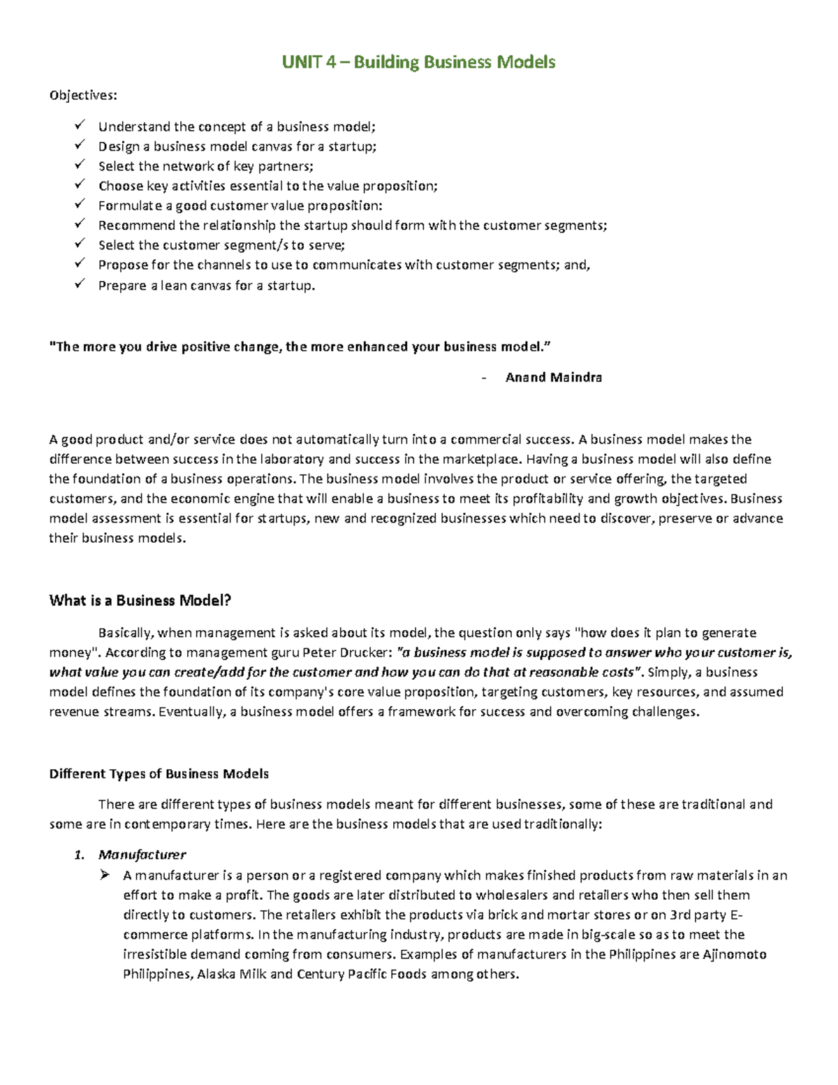 UNIT-4 Ongoing-scanning - UNIT 4 – Building Business Models Objectives ...