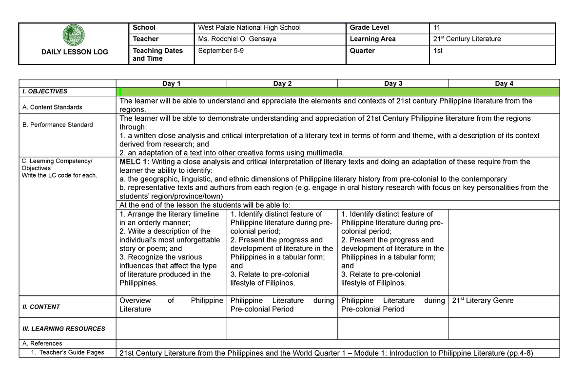 DLL WEEK 2 - lesson plan - DAILY LESSON LOG School West Palale National ...