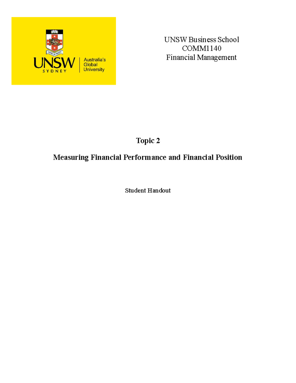 Topic 2. Student Handout - UNSW Business School COMM Financial ...