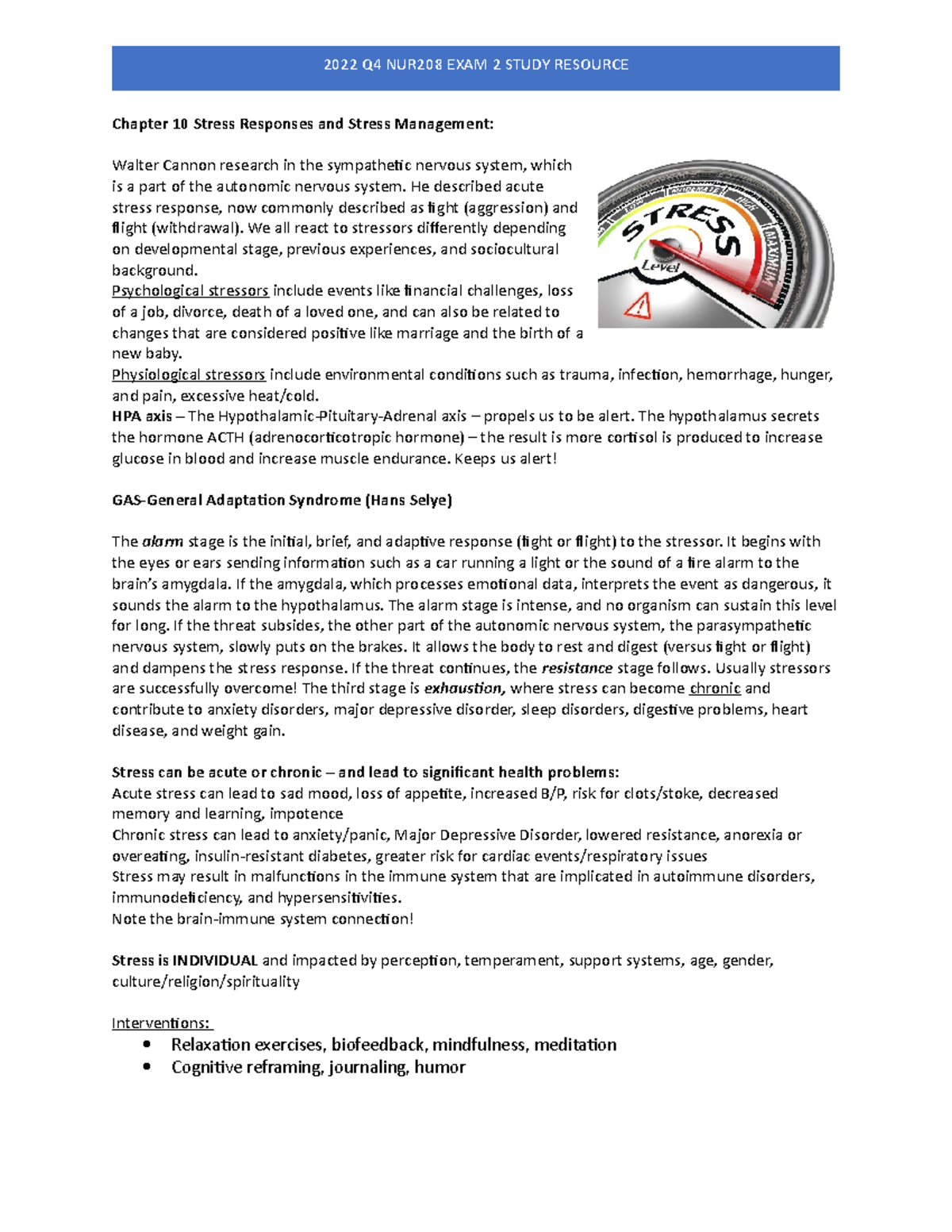 Exam+2+study+guide - Study guide - Chapter 10 Stress Responses and ...