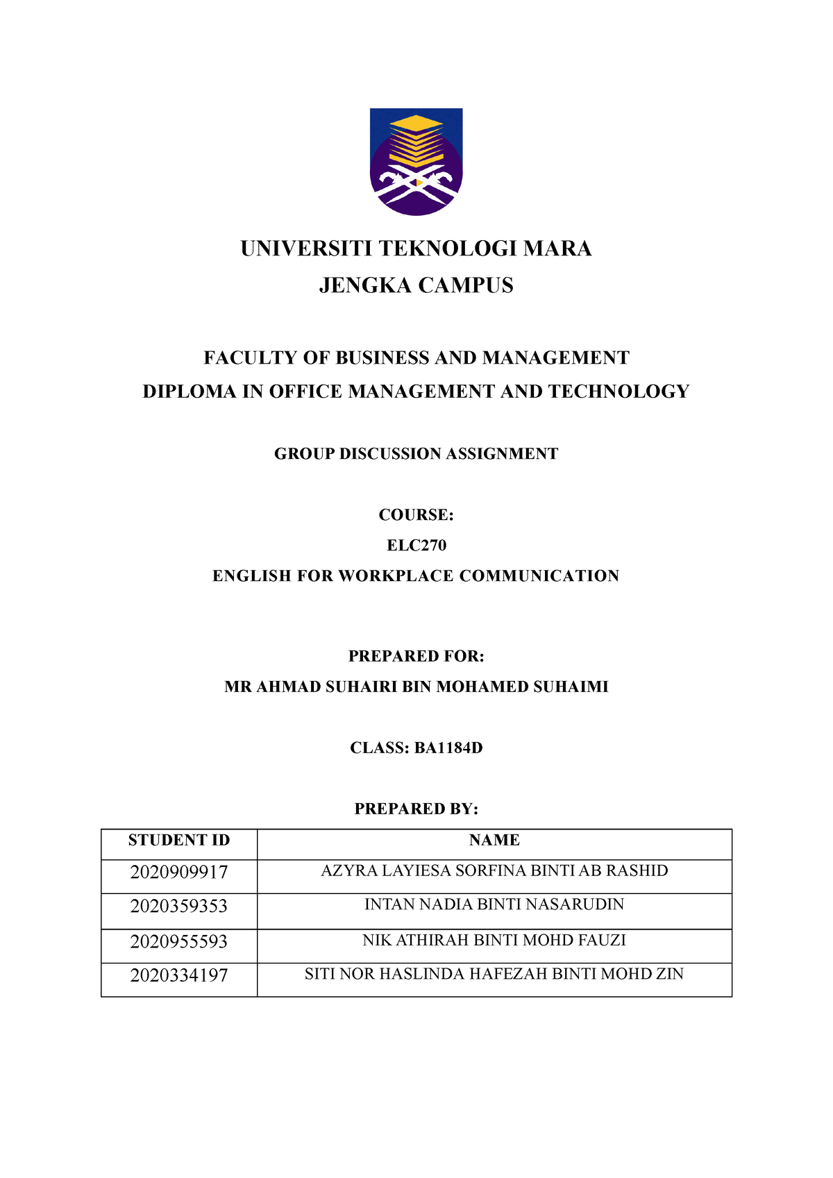 ELC270 Assignment 3 (Portfolio) - Extended Working Hours - UNIVERSITI ...