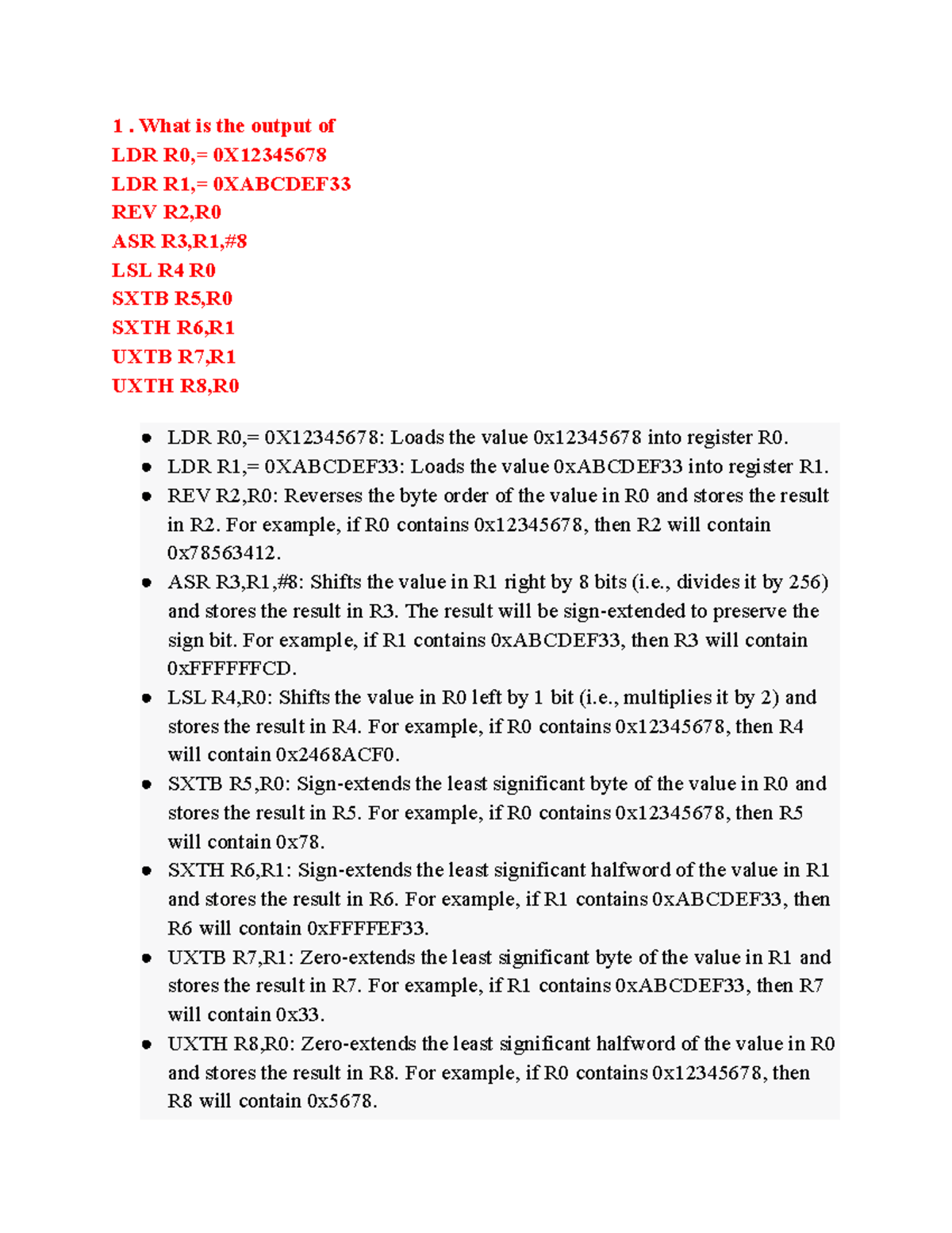 Unit 2-1 - Ai unit 2 - What is the output of LDR R0,= 0X LDR R1 ...