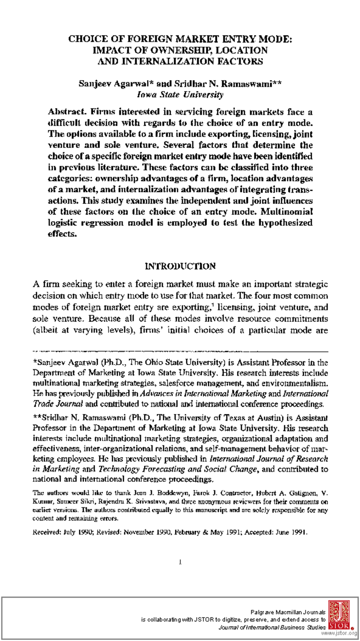 Palgrave CHOICE OF FOREIGN MARKET ENTRY MODE IMPACT OF OWNERSHIP