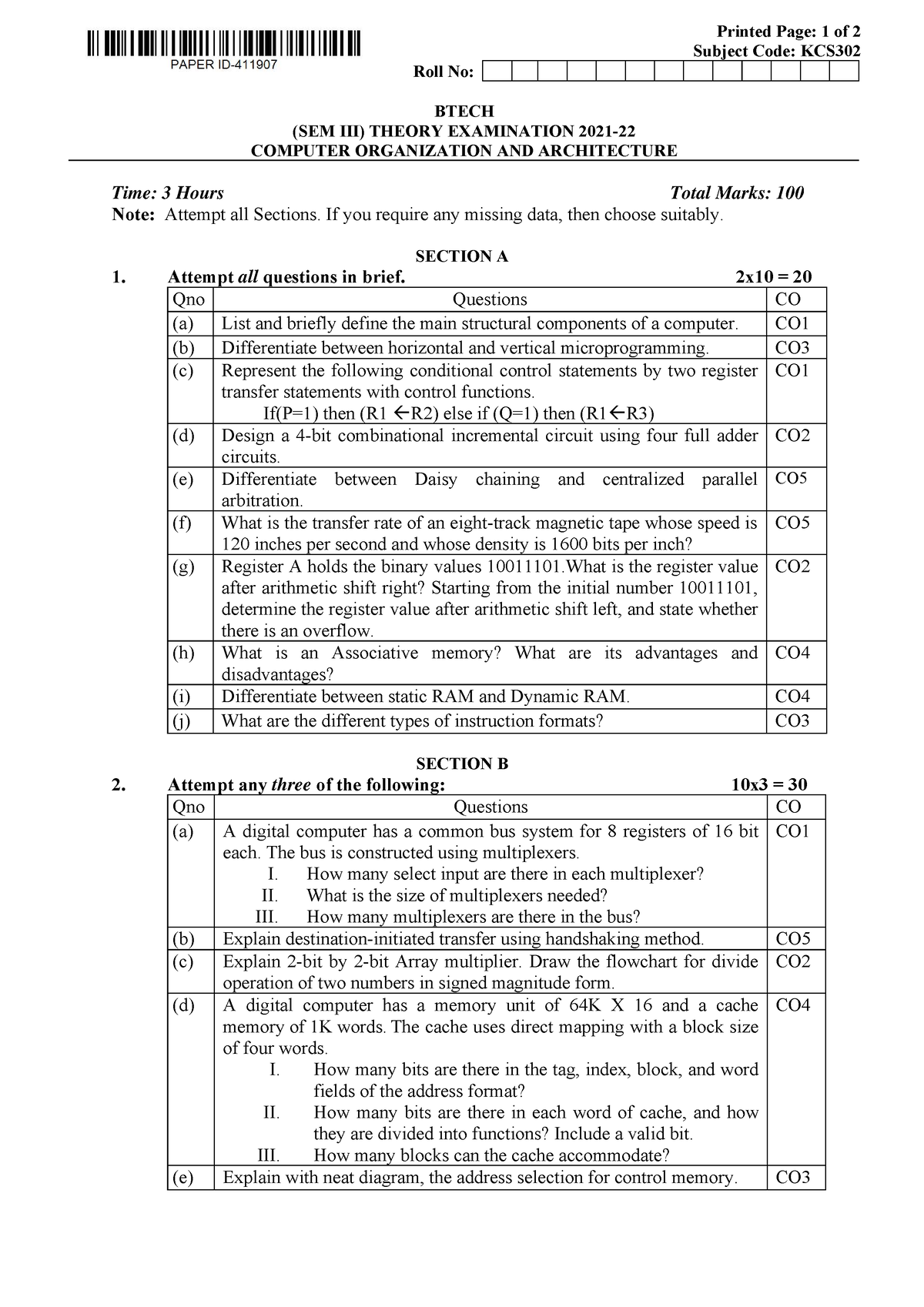 Btech Cs 3 Sem Computer Organization And Architecture Kcs302 2022 ...