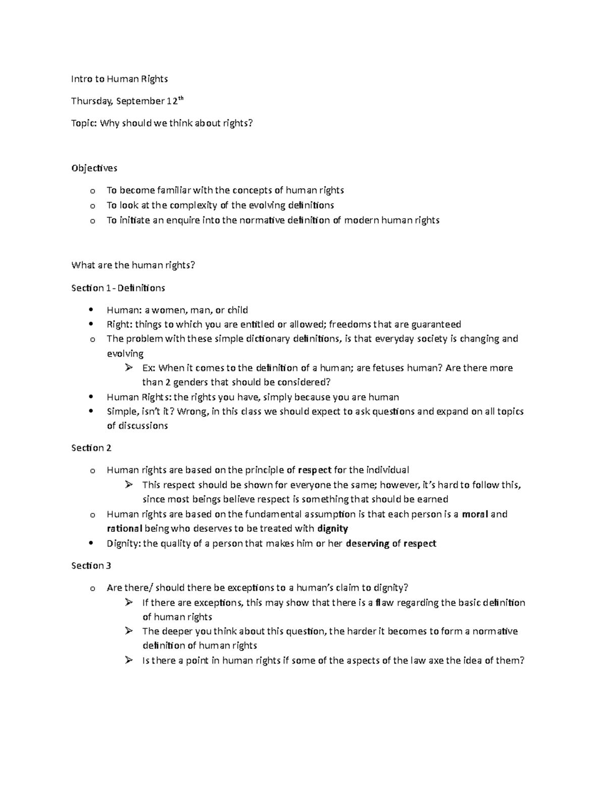 Week 2 Lecture Notes - Intro to Human Rights Thursday, September 12th ...