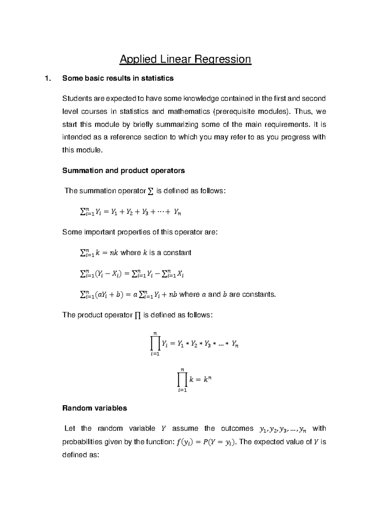 Applied Linear Regression Notes - Applied Linear Regression Some Basic ...