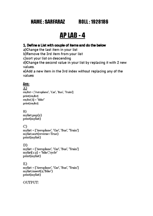 Aplab 2 - advanced programming lab material. - NAME : SARFARAZ ROLL ...