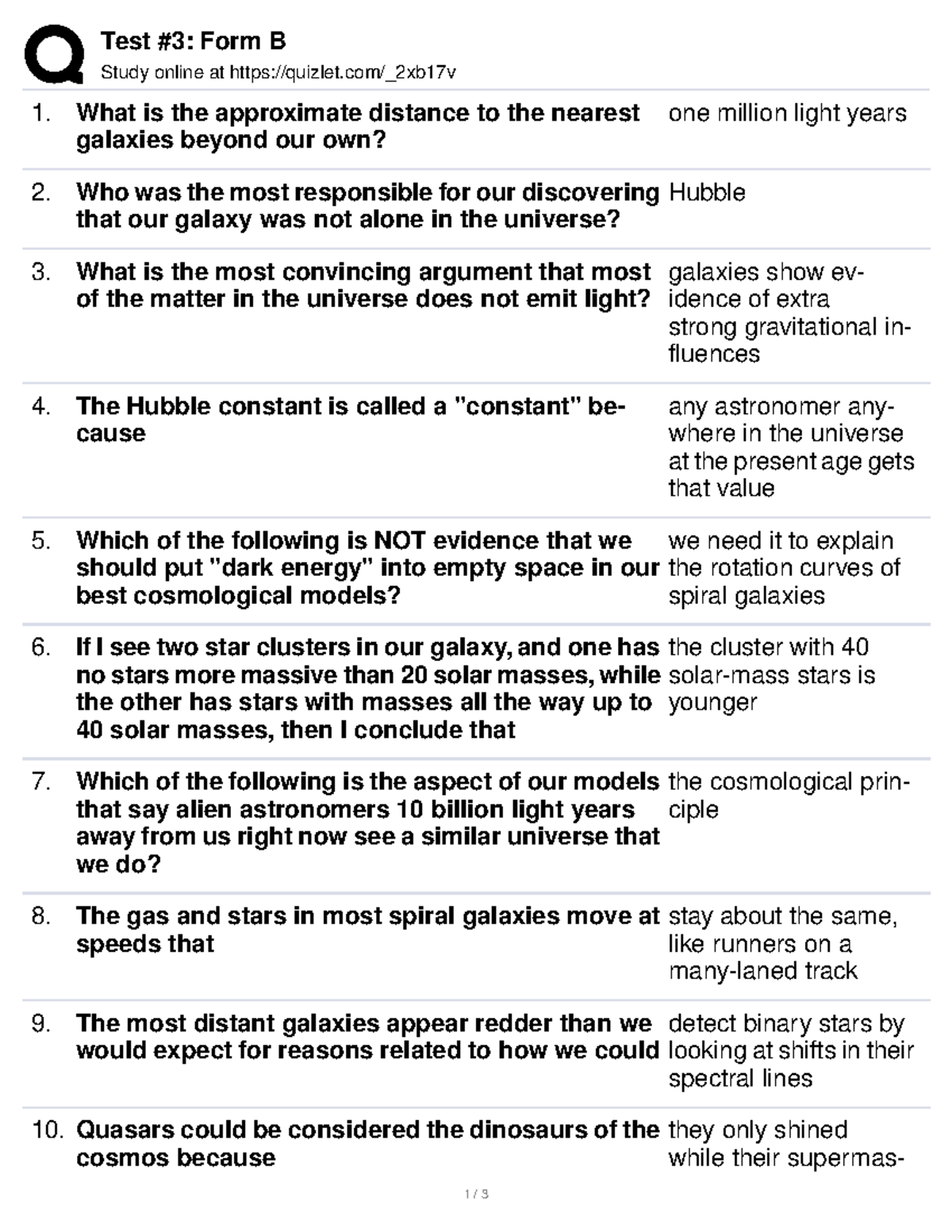Stars test 3 - study guide and notes - Test #3: Form B Study online at ...