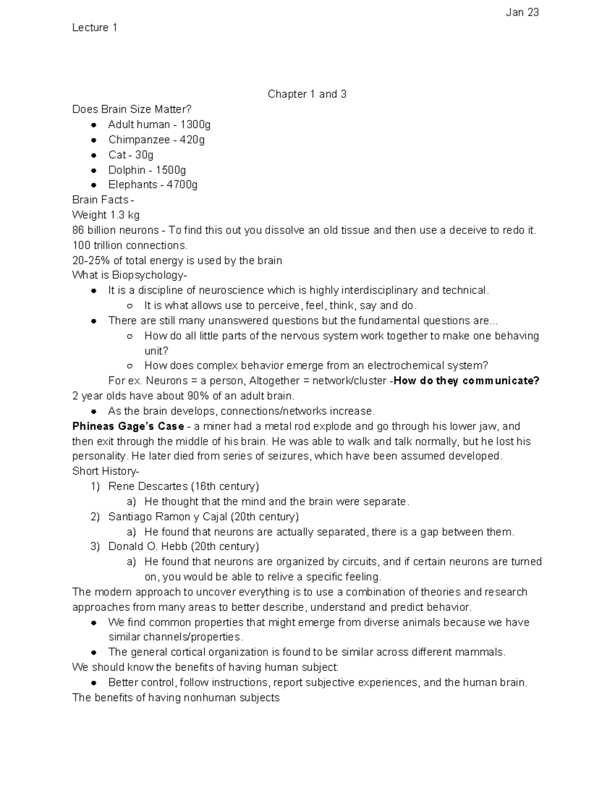 Bio Psy 250 Lecture 1 - Exam 1 Notes - Jan 23 Lecture 1 Chapter 1 And 3 ...