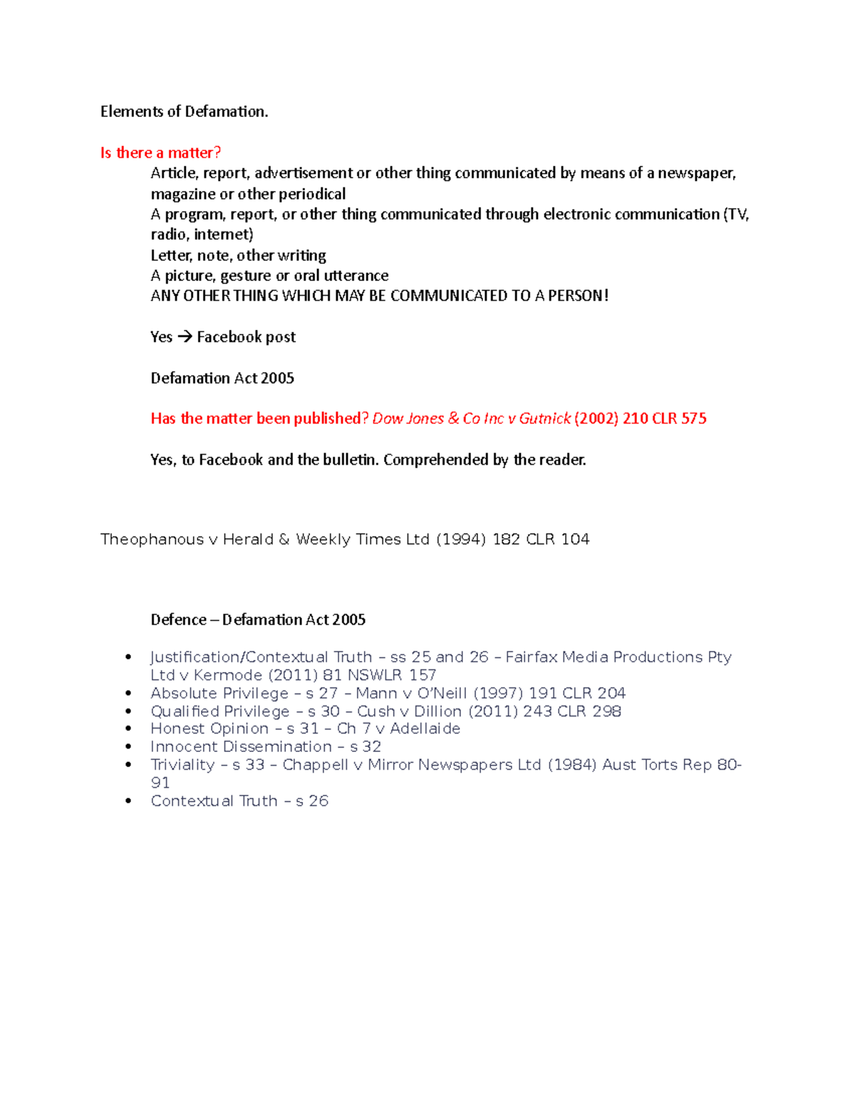 Private law tutorial WEEK 10 practice material - Elements of Defamation ...