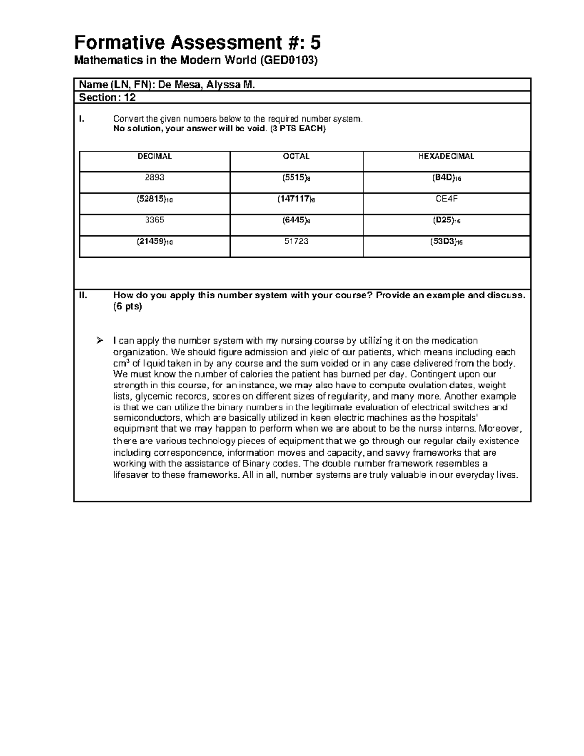 MMWW FORMATIVE ASSESSMENT ESSAY - Formative Assessment #: 5 Mathematics ...
