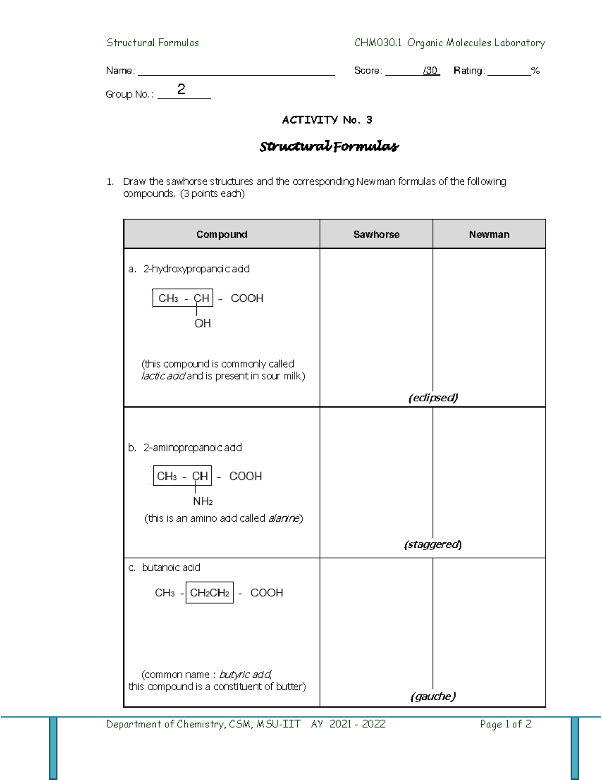 3 Structural Formulas Answer Sheets - Structural Formulas CHM 03 0 ...