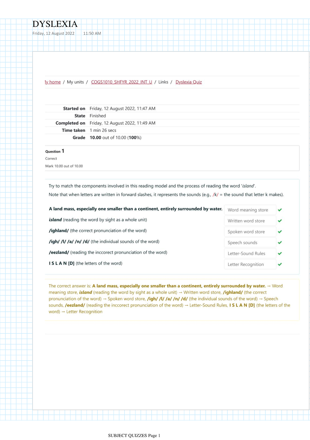 Cogs 1010 Weekly Quizzes - COGS1010 - DYSLEXIA Friday, 12 August 2022 ...