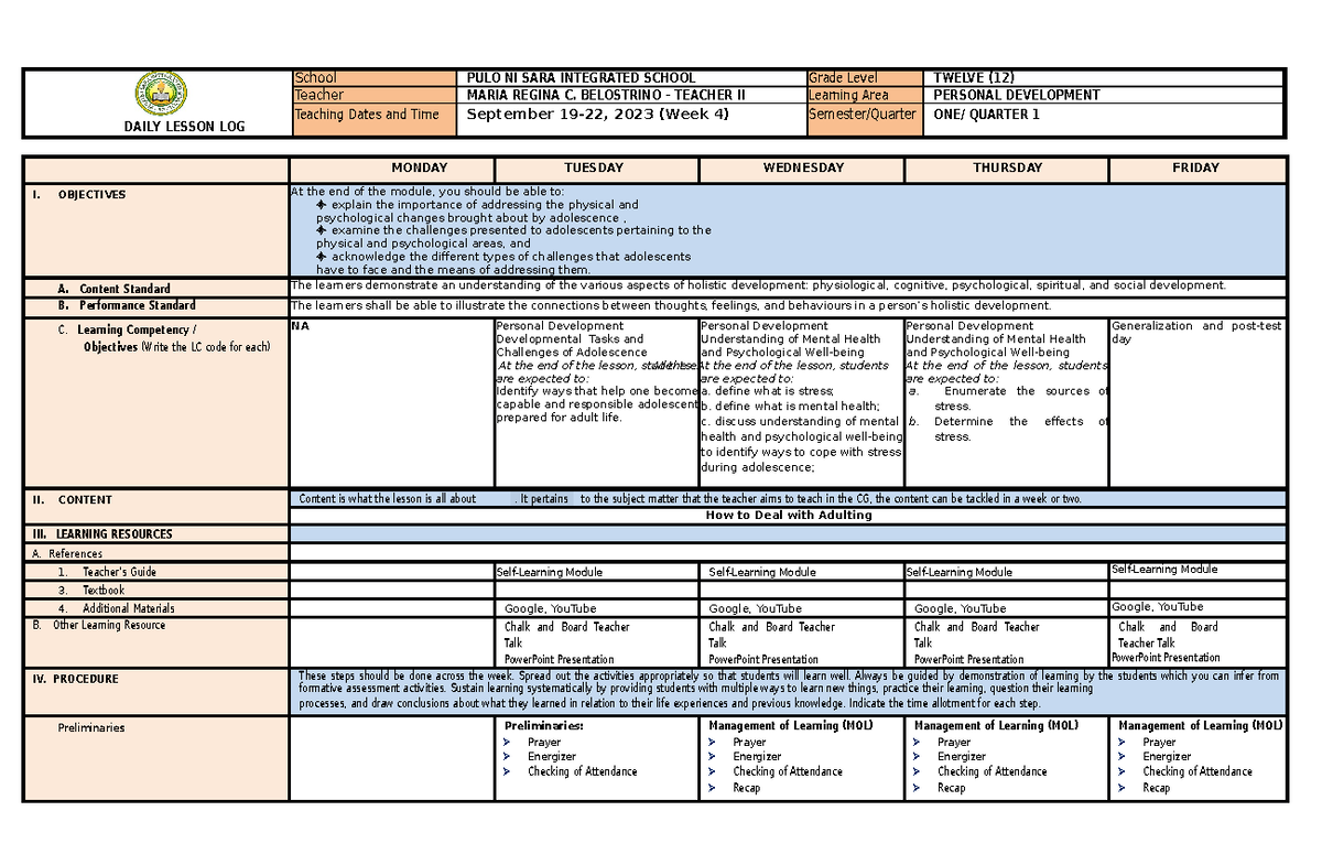 W4-PD-DLL-OOOOOOOO - DAILY LESSON LOG School PULO NI SARA INTEGRATED ...